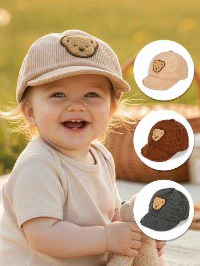 1Pc Baby Retro Cartoon Bear Corduroy Winter PC Soft Brim Windproof Child Baseball Cap Unisex Daily Outdoor