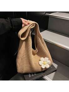 One Shoulder Woven Bag, New Vacation Casual Beach Bag, Crochet Woven Tote Handbag, Back To School Student Project Bag, Valentine's Day, Valentine Gift - Màu be - Xem 4