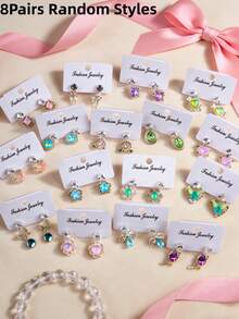 5对/套 精致可爱时尚水钻耳环 男女童款 蝴蝶心形雪花水滴随机款式 节日派对生日礼物 日常佩戴饰品 - 5對水鑽兒童耳釘 - 查看 11