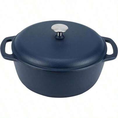& Basics - Horno holandés cubierto de hierro fundido esmaltado 6 cuartos de galón azul marino mate