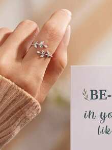 1pc Cubic Zirconia Leaf Adjustable Ring, Suitable For Party Jewelry And Birthday Gift, For Teens - Silver - View 4