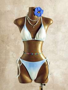 Bonvoyette 女士三件套渐变印花挂脖比基尼+扎染印花罩衫沙滩度假两件套泳装 - 彩色 - 查看 6