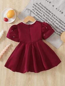 1pc Baby Girls' Beaded Decor Round Neck Puff Sleeve Short Dress, Suitable For Spring/Summer - Burgundy - View 2