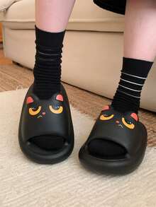 XIXITIAO 1双可爱大眼黑猫夏季卡通情侣软底休闲拖鞋，防滑时尚室内/室外拖鞋 - 黑色 - 查看 6