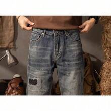 Pantalones Vaqueros Vintage con Corte Recto Relajado, Remiendos Estratégicos, Lavado Suave y Estética Streetwear que Combina Comodidad, Durabilidad y Estilo Cotidiano - Gris - Ver 6