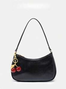 Novachic, Women's Fall Outfits, Floral Patterned Fabric, Cute Pendant Decor, Cherry Pendant, Women's Minimalist Shoulder Bag, Zipper Closure, Retro Style, Underarm Bag, Suitable For Multiple Occasions, Small Bags - màu đen - Xem 1