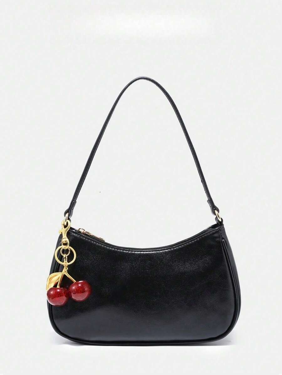 Novachic, Women's Fall Outfits, Floral Patterned Fabric, Cute Pendant Decor, Cherry Pendant, Women's Minimalist Shoulder Bag, Zipper Closure, Retro Style, Underarm Bag, Suitable For Multiple Occasions, Small Bags - màu đen - Xem 1