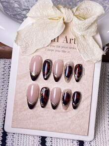 10 Pieces Handmade Almond-Shaped Irregular Amber French Press-On Nails With Golden Outline, Featuring Hand-Painted Brown Smudged Amber Patterns And Irregular Golden Line Outlines. These Elegant, Romantic And Minimalist Press-On Nails Are High-End, Sexy And Light Luxury Nail Art Stickers, Suitable For Daily Wear, Dates, Concerts And Light Business Occasions, And Are Perfect Gifts For Women And Girls. - Multicolor - View 1