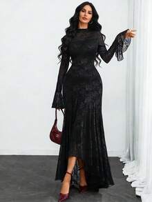 This Elegant And Sexy Vintage Dress For Women Features A Small Stand Collar, Rose Lace Trim, A Double-Layer Hem, And An Asymmetrical Sleeve With A Cutout Petal Design. Suitable For Various Occasions Such As Holidays, Daily Wear, Dates, And Vacations. Black Spring - Black - View 6