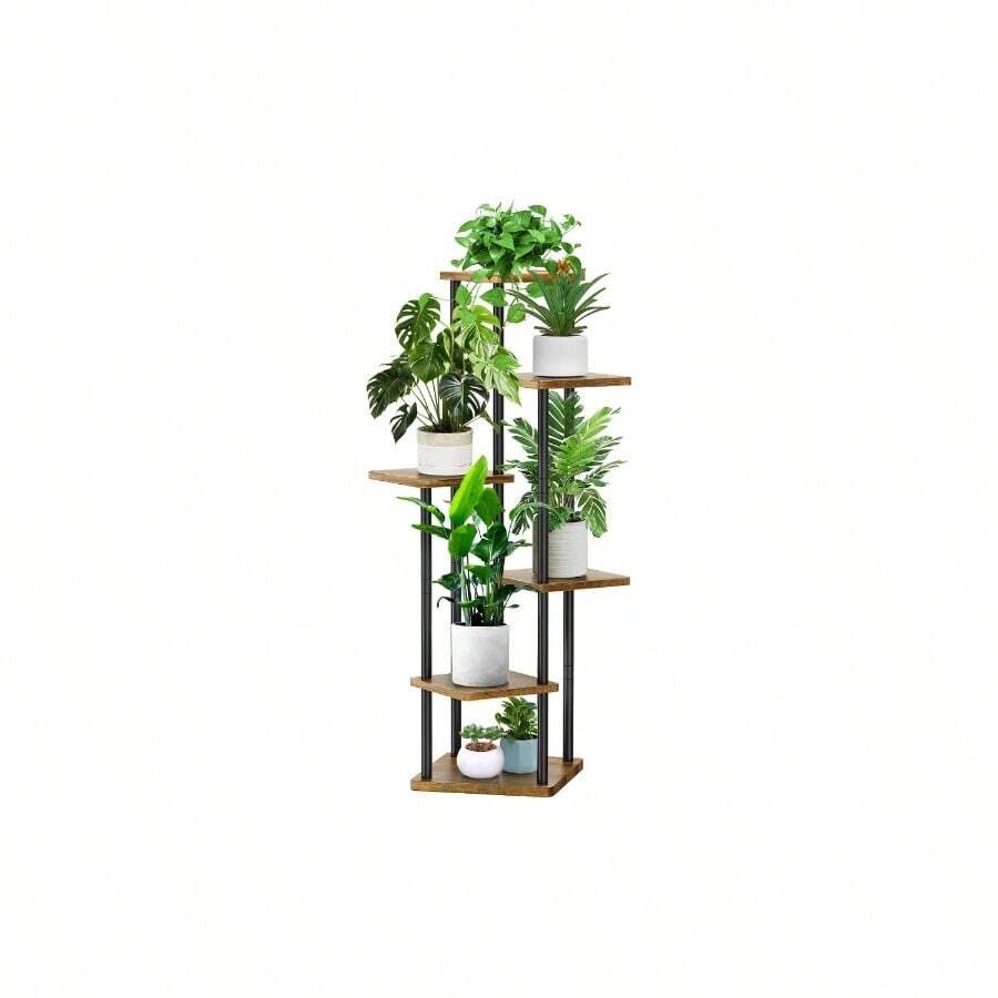 6 Tier Wood Tall Plant Stand Metal Rack Indoor, Multiple Flower Pot Holder Shelves Corner Rack, Planter Shelf Display Rack Storage Organizer Patio Living Room Balcony GardenWhite Oak - 6 Tingkat, Hitam - View 1
