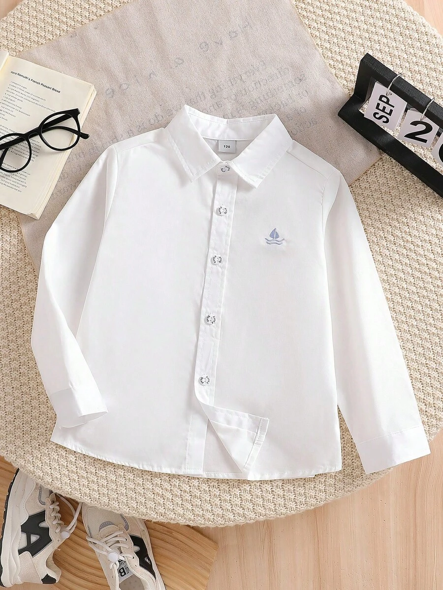 Boys' Classic Collared Shirt, Spring - White - View 1