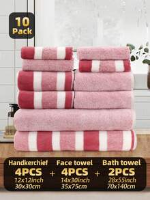 10件套 | 条纹纯色珊瑚绒毛巾套装，[4条面巾+4条手巾+2条浴巾] / 10条面巾，速干、柔软舒适、吸水性强，适用于洗脸、擦手、擦头发、沐浴，适合居家、酒店、厨房、浴室、泳池、旅行、SPA、瑜伽、情人节礼物及其他日常浴室用品。 - 彩色 - 查看 8