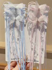 2pcs Mesh Butterfly Long Streamer Beaded Tassel Hair Clip, Bangs Side Clip, Princess Style, Suitable For Valentine's Day Decoration, Daily, Party, Valentine's Day Use (No Card, Handmade, Bowknot May Not Be Separated Due To Packaging Compression, Consistent With Displayed Effect) - Multicolor - View 5
