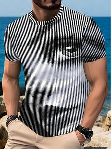 3D Digital Print Men's Short Sleeve T-Shirt, Black & White Gradient Striped Abstract Pattern, 3D Visual Effect Streetwear, Loose Breathable, Summer Casual, Street Fashion Design - Multicolor - View 1