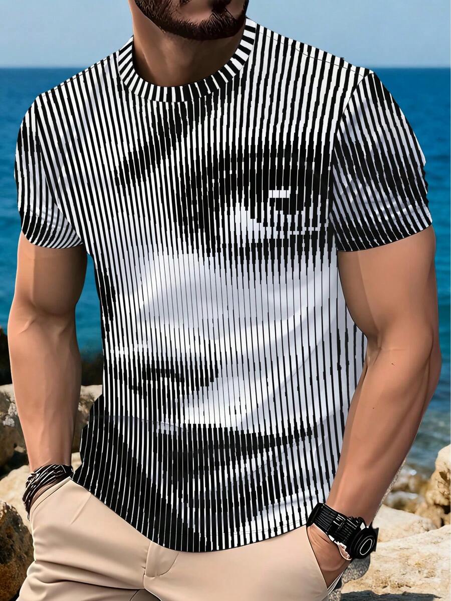 3D Digital Print Men's Short Sleeve T-Shirt, Black & White Gradient Striped Abstract Pattern, 3D Visual Effect Streetwear, Loose Breathable, Summer Casual, Street Fashion Design - Multicolor - View 1