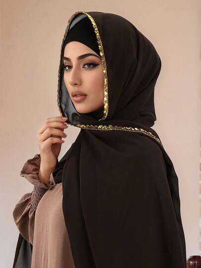 1 pieza Nuevo Medio Oriente Dubai Bufanda larga de gasa con lentejuelas de unicolor dorado