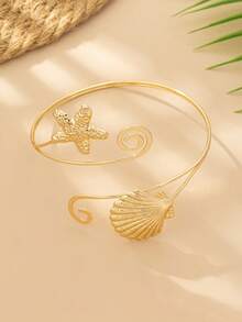 1pc Personalized Ocean Life Golden Starfish & Shell Metal Spiral Cuff Bracelet, Suitable For Vacation, Party, Beach Wear