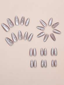 30pcs Medium-Long Almond-Shaped Purple Sweet Potato Cat Eye Glitter Star Gentle Elegant Flattering Soak Off Gel Nail Polish Set With 1pc Nail File, Suitable For Women's Daily, Work, And Dates, European And American INS Style Nails Nail Supplies - Multicolor - View 3
