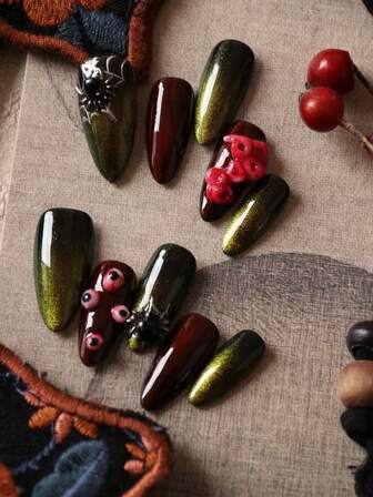 10 st akryl press-on naglar gröna röda kattögon blodröda ögonglob spindel lösnaglar konstnaglar kit innehåller 1 ark självhäftande flikar och 1 st minifil