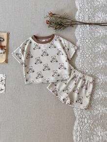 Set de 2 piezas Bebé niño oso impreso camiseta de manga corta de gofre + pantalones cortos, primavera/verano - Albaricoque - Ver 7