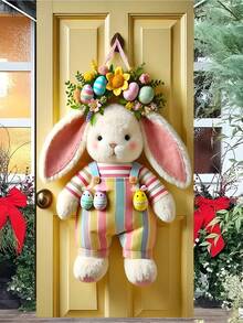 1件装（180*90厘米/150*70厘米）复活节兔子彩蛋花环门罩，涤纶材质，无需电源。适合春季装饰。可用作复活节兔子门廊装饰。2D平面，非3D。 - 彩色 - 查看 6