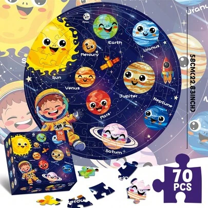 Bộ ghép hình 70 mảnh hình tròn lớn về các hành tinh trong hệ Mặt Trời, phù hợp cho trẻ em 4-6 tuổi, giúp khám phá các hành tinh, là món quà đồ chơi giáo dục dành cho bé trai và bé gái từ 3-8 tuổi.