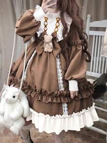 1pc Cute Lolita Style Dress, Soft Girl Student Outfit, Cosplay Costume Accessories, Suitable For Festivals, Parties, Performances, Includes Dress + Bow Tie Teddy Bear - Multicolor - View 7