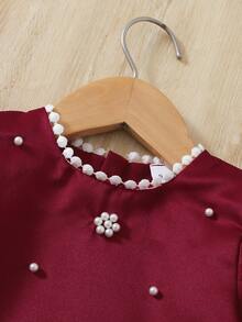 1pc Baby Girls' Beaded Decor Round Neck Puff Sleeve Short Dress, Suitable For Spring/Summer - Burgundy - View 3