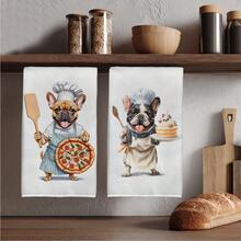 MEMNUN 2 khăn lau bếp in hình chú chó Bulldog Pháp hoạt hình, kích thước 15.75*23.62in (40*60cm), chất liệu polyester siêu mềm, họa tiết chú chó Bulldog dễ thương cầm thìa và bánh pizza, chú chó Bulldog cầm muỗng và bánh trái cây, quà tặng cho nhà bếp, nhà hàng, sử dụng được quanh năm. - Nhiều màu - Xem 1