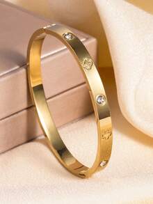 4pcs Stainless Steel Clover Bangle & Ring Set, Gold-Tone With Shiny Rhinestones, Suitable For Women's Daily, Party, Outdoor, Dating, Music Festival, Great Gift For Girlfriend, Mom, Sister, Wife - 4-piece Four-leaf Clover Set - View 6