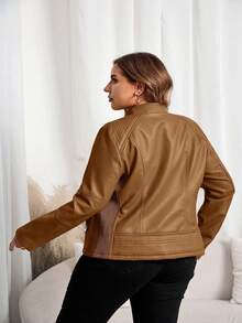 Plus Size Women's Casual Fashion Motorcycle Jacket, Suitable For Commuting And Street Photography, Faux Leather Material, Autumn/Winter - Brown - View 6
