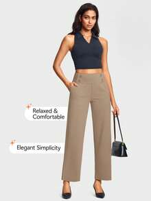 29" Women's Dressy Work Pants High Waist Pull On Wide Leg Slacks Trousers For Women Business Casual - 卡其色 - 查看 3