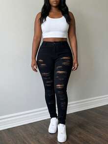 Women's High Waisted Multi-Ripped Skinny Jeans - Heavily Distressed Solid Black Bodycon Denim Pants Aesthetic Streetwear - 黑色 - 查看 3