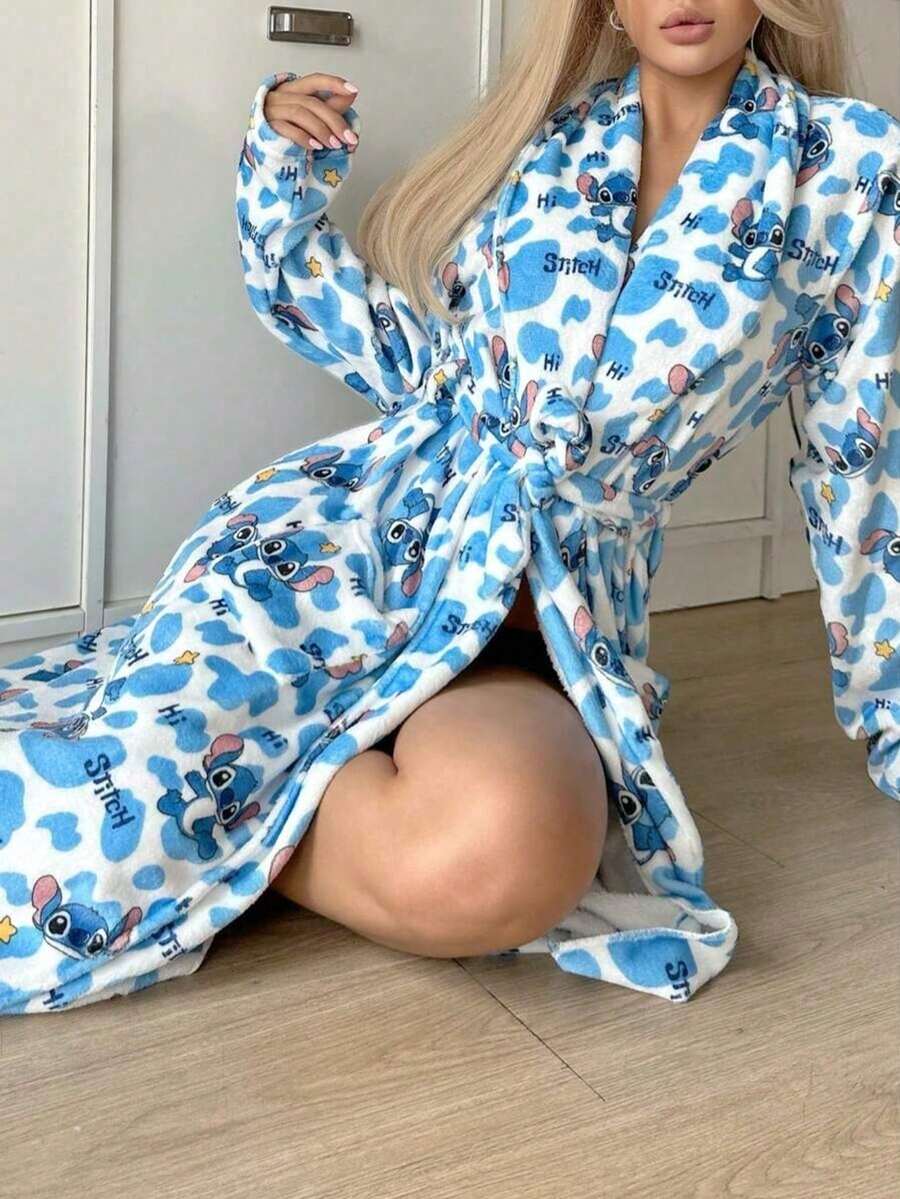 Stitch 女士珊瑚绒浴袍，带帽睡衣，可爱秋冬家居服浴室装饰 - 彩色 - 查看 1