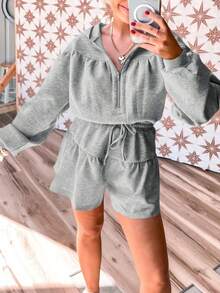 Women's Half Zip Hooded Romper Long Sleeves Drawstring Waist Shorts Daily Casual Jumpsuit Fall Clothes For Women - Grey - View 6
