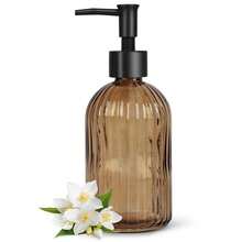 Stripe-Patterened Glass Soap Dispenser With Black Plastic Pump, 400ml Liquid Hand Soap Dispenser, Rustproof Pump For Kitchen & Bathroom, Great For Lotions, Essential Oil, Liquid Soaps-Amber - 條紋琥珀色 - 查看 1