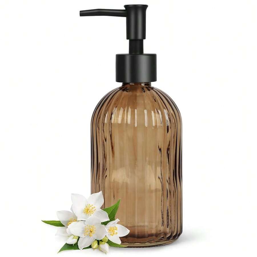 Stripe-Patterened Glass Soap Dispenser With Black Plastic Pump, 400ml Liquid Hand Soap Dispenser, Rustproof Pump For Kitchen & Bathroom, Great For Lotions, Essential Oil, Liquid Soaps-Amber - 條紋琥珀色 - 查看 1
