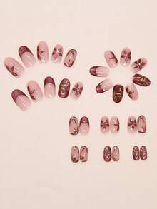 30pcs Medium Oval 3D Cat Eye Metallic Trim Red-Brown Floral Vintage European Style False Nails Set, Includes 1 Nail File & 1 Nail Glue, Suitable For Women's Daily And Work Wear Nail Supplies - Multicolor - View 3