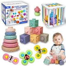 4-In-1 Toddler Toys Gift Set, Suitable For 1-2-3 Years Old Boys Girls Montessori Baby Toys For 6-18 Months - Pull Cord Teether, Stacking Blocks, Sensory Shapes And Storage Box, Fun Bath Time For Infants - Multicolor - View 1
