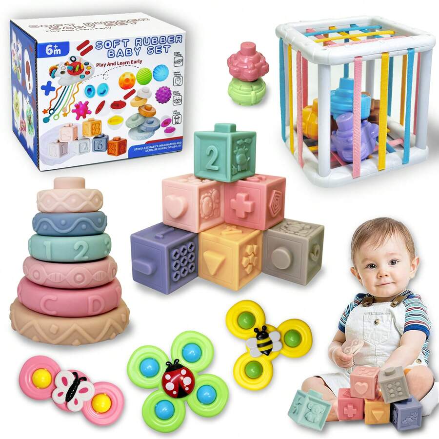 4-In-1 Toddler Toys Gift Set, Suitable For 1-2-3 Years Old Boys Girls Montessori Baby Toys For 6-18 Months - Pull Cord Teether, Stacking Blocks, Sensory Shapes And Storage Box, Fun Bath Time For Infants - Multicolor - View 1