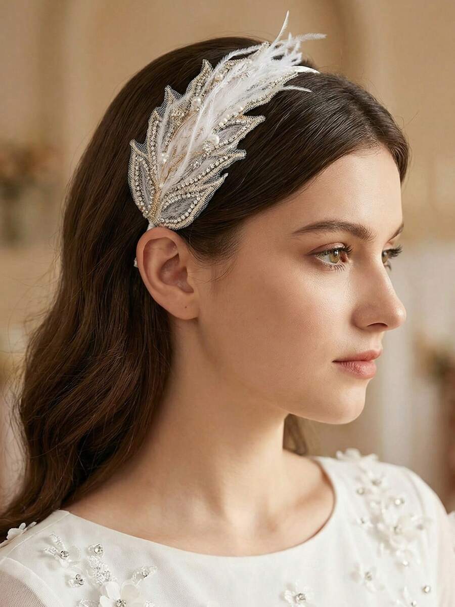 1件女士优雅白色仿珍珠水钻羽毛发箍，时尚高贵的配饰，适合婚礼、派对、节日、日常、舞会、聚会、发箍、发圈、头饰、发带、家居美发饰品 - 白色 - 查看 1