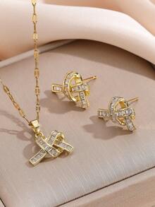 一套不锈钢几何扣吊坠项链耳环首饰套装，百搭奢华优雅设计项链耳环首饰，礼品配饰 - 金色結扣 - 查看 5