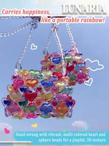 Mini Acrylic Beaded Crossbody Handbag Candy Color Handmade Pearls Purse For Party, Transparent Heart Beaded Pouch, Handmade Woven Colorful Jelly Clear Chain Shoulder Bag And Crossbody Bag, Suitable For Outings And Daily Wear, Birthday, Prom And Graduation And Also A Lovely Gift For Friends, Mother, Lover On Special Days Such As Valentine's Day, Christmas, Anniversaries. - 彩色 - 查看 2