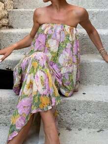 DEEKA Summer New Women's Dress, European & American Style French Fashion Floral Print Off-Shoulder Dress - Multicolor - View 2