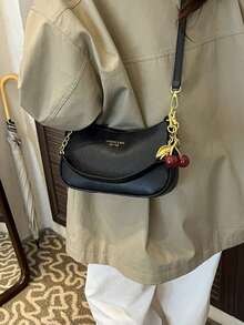 1pc Women's Solid Color PU Shoulder Bag, Versatile Underarm Bag For Work Commute, Adjustable Strap Crossbody Bag, Comes With Large Cherry Pendant, New Fashion Classic Versatile PU Waterproof Fabric M Letter Pattern Shoulder Bag, Printed Design Metal Chain Decoration Design French Baguette Bag, Women's Shoulder Bag Suitable For Shopping. Commuting, Travel Use - 黑色 - 查看 7