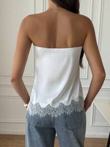 HUACAIT Satin & Lace Patchwork Hem Elegant Sexy Bandeau Top, Suitable For Beach Vacation And Travel - White - View 7