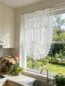 1 Stück weiße Prinzessin-Stil Vorhang - Cut Out Blumenmuster, bestickte Spitzenrüschen, Raffrollo-Design, ganzjährig, französischer Stil Voile Vorhang mit Raffung für Wohnzimmer Küche Bad Hochzeit Party Fenster Dekoration - Weiss - Übersicht 9