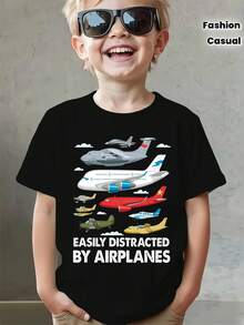 Summer Fashion Boys' Short Sleeve T-Shirt "EASILY DISTRACTED BY AIRPLANES" Airplane Element Print Casual Top NY-DX5552 Minimalist Style Sweatshirt - 黑色 - 查看 2