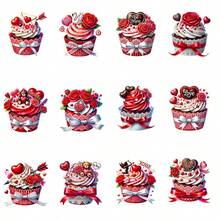 12PCS Valentine's Day Ice Cream Cake Themed UV Dtf Transfer Stickers, Waterproof Plastic Decals, Heart Rose Pattern Art Stickers For 16oz Glass, High-Quality DIY Crafts Pack For Tumblers & Drinkware - Multicolor - View 11