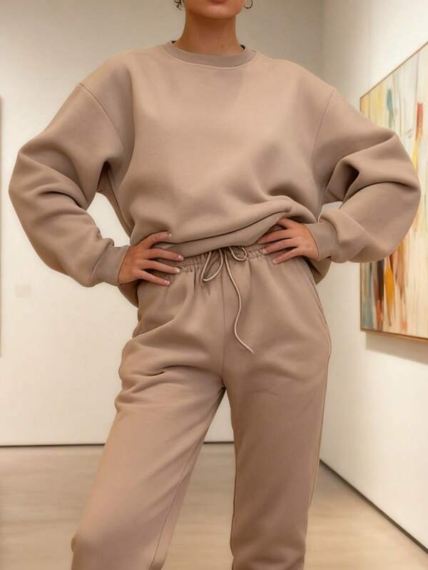Soft Fabric Crewneck Relaxed-Fit 2-Piece Set - Loose Long-Sleeve Top & Drawstring Cuffed Jogger Pants
